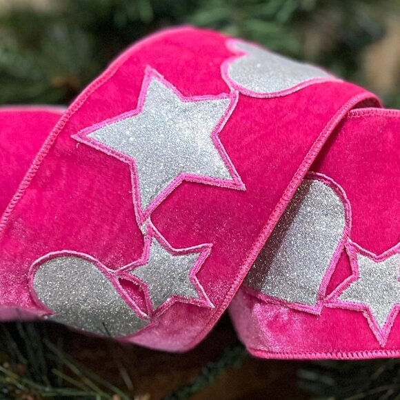 4 inch Hot Pink Velvet with Hearts and Stars Wired Edge Ribbon Holiday Crafts - Picture 3 of 9